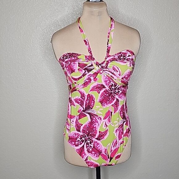 Garnet Hill 12 Lillies Print Bandeau Halter One Piece Swim Suit pink - Picture 1 of 11